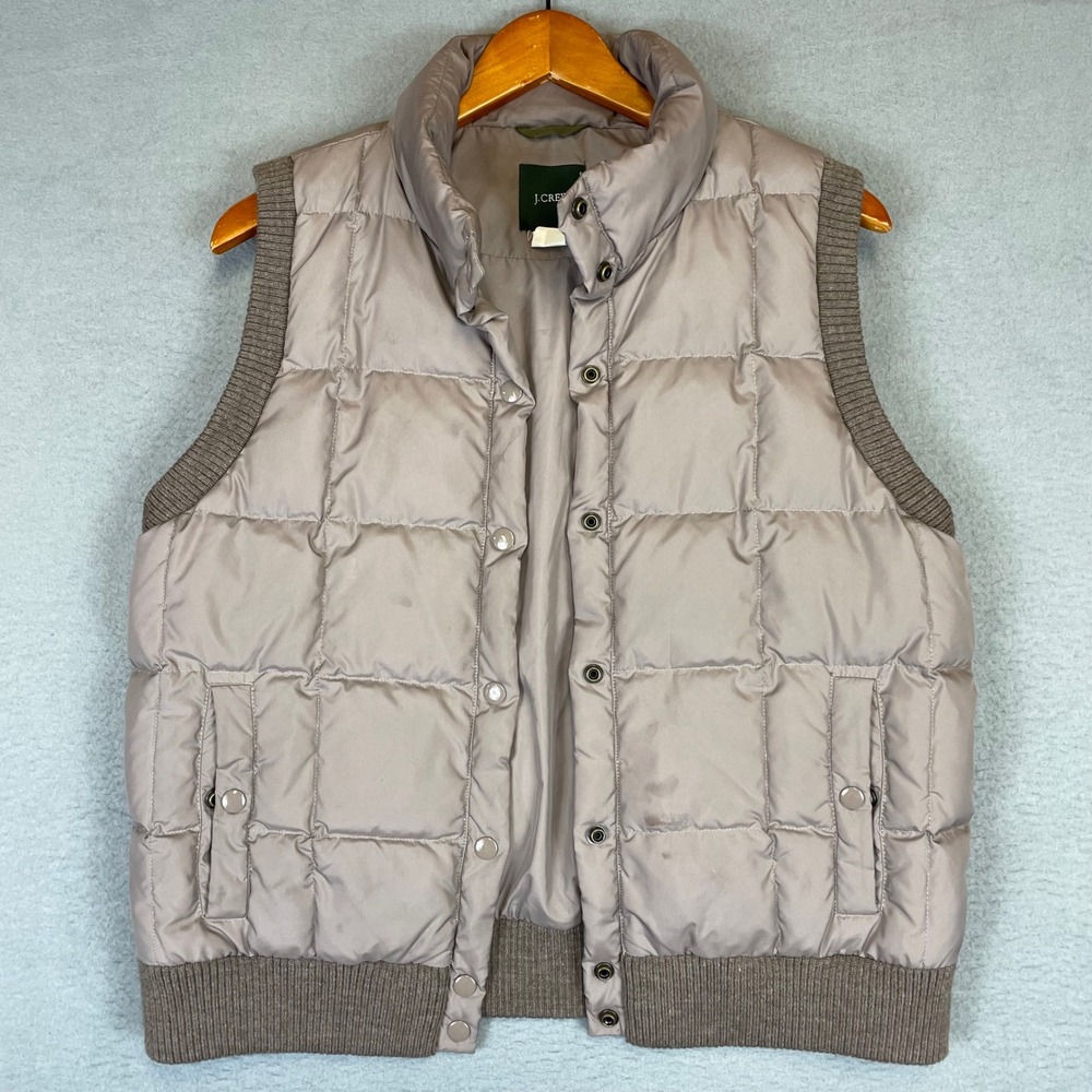 J.Crew Puffer Vest Womens Large Gray Down Filled Quilted Snap Front 29324